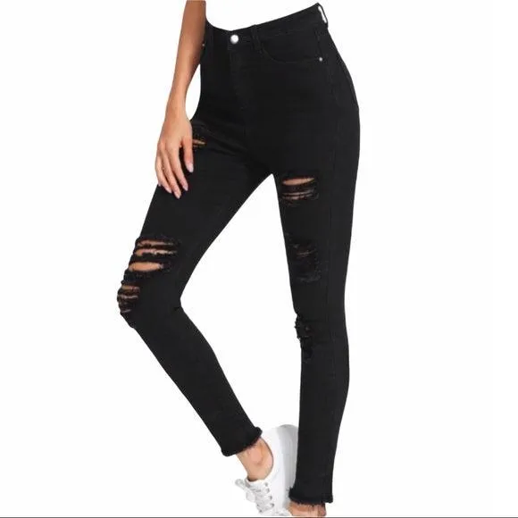 Hi Rise Black Distressed Skinny Jeans