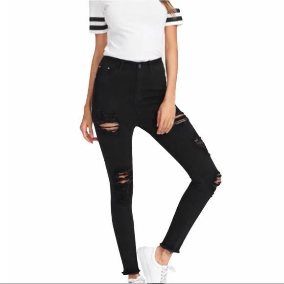 Hi Rise Black Distressed Skinny Jeans