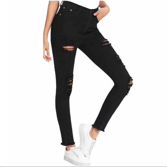 Hi Rise Black Distressed Skinny Jeans