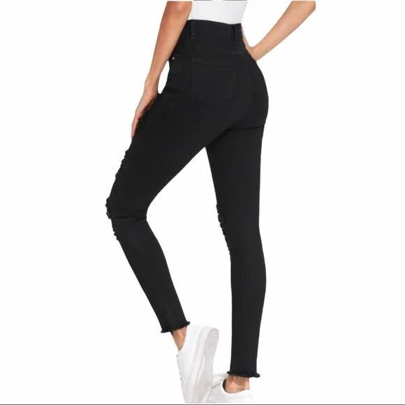 Hi Rise Black Distressed Skinny Jeans