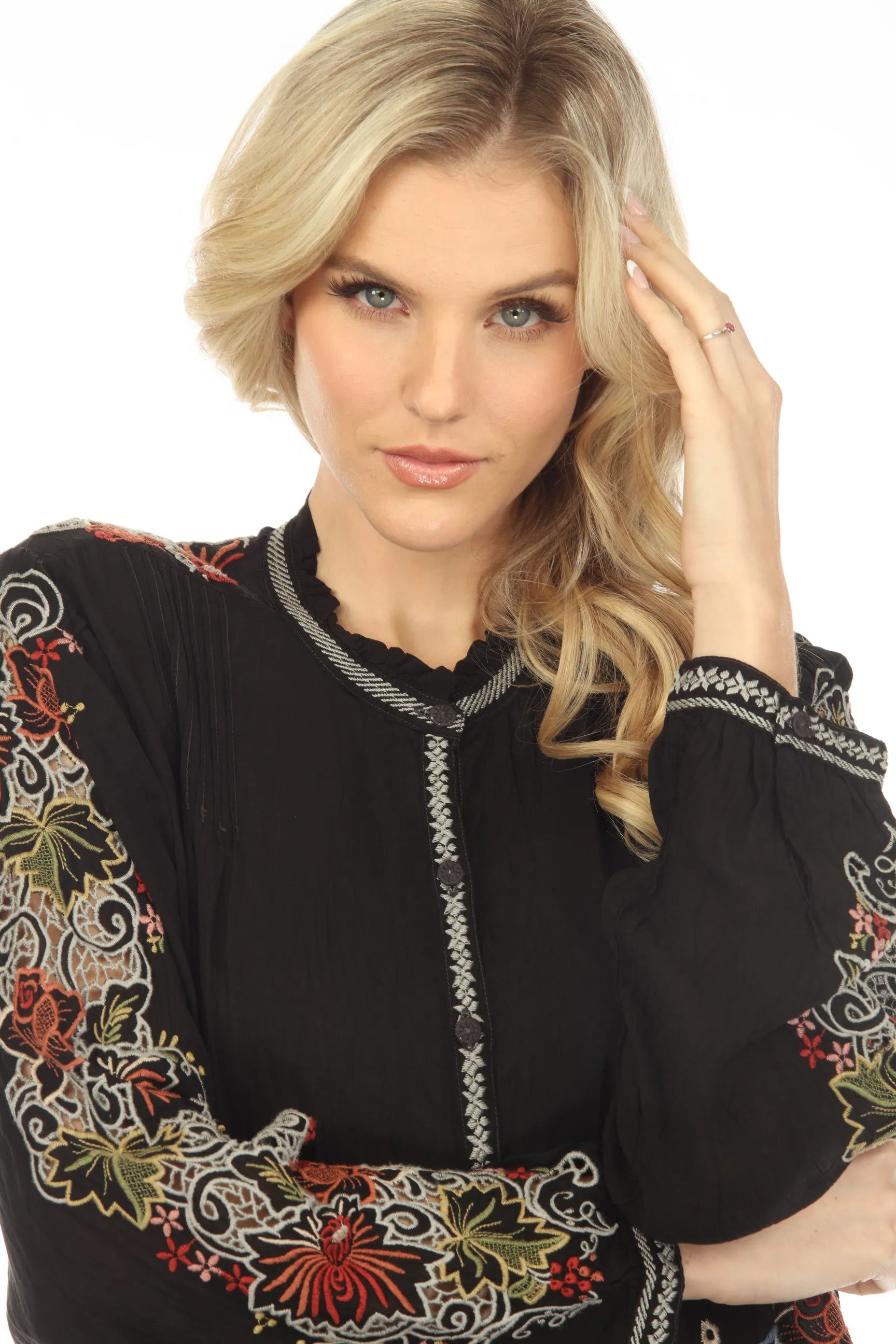 Johnny Was Ruelle Embroidered Button-Down Blouse Boho Chic C17023 *
