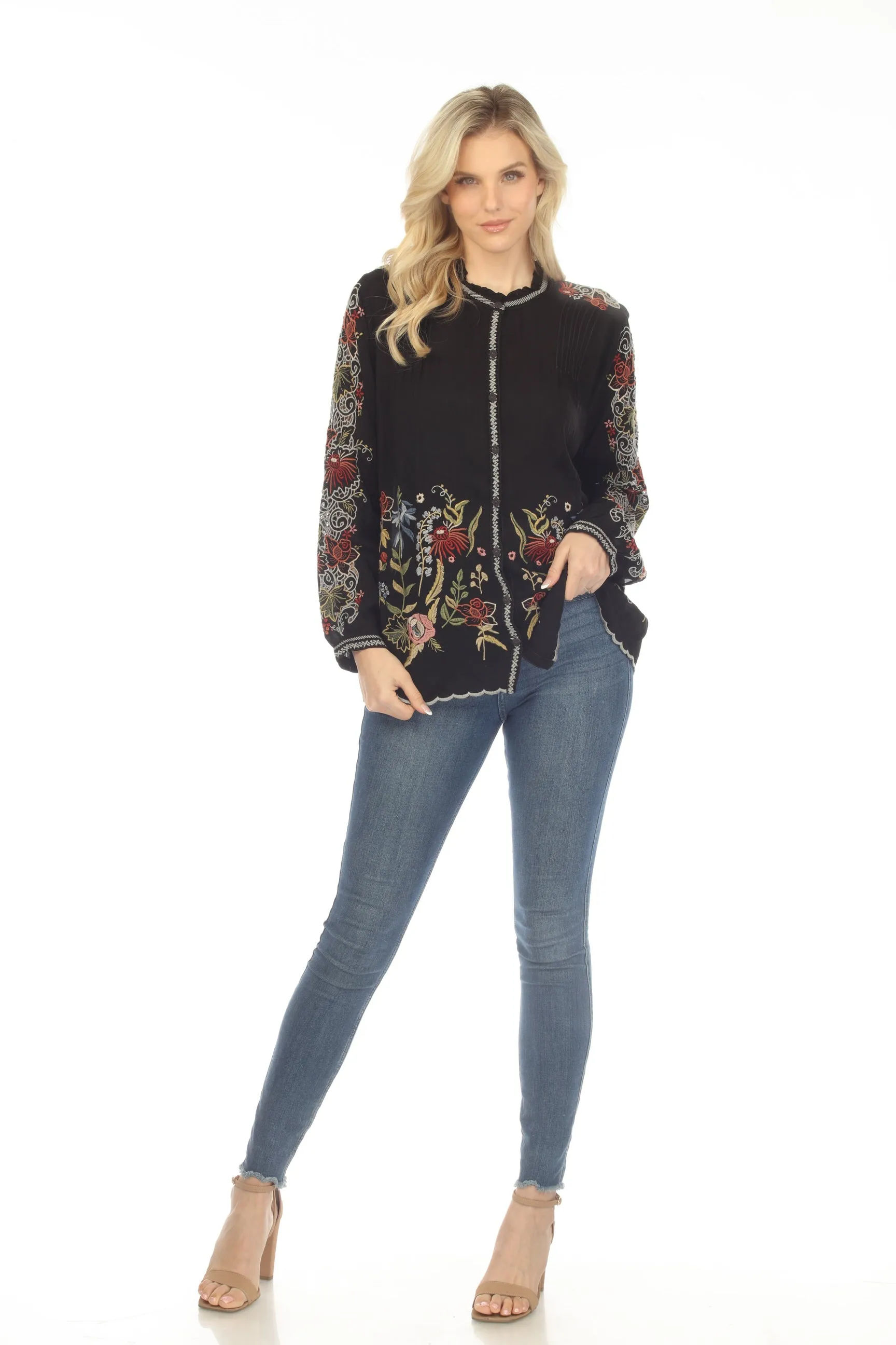 Johnny Was Ruelle Embroidered Button-Down Blouse Boho Chic C17023 *