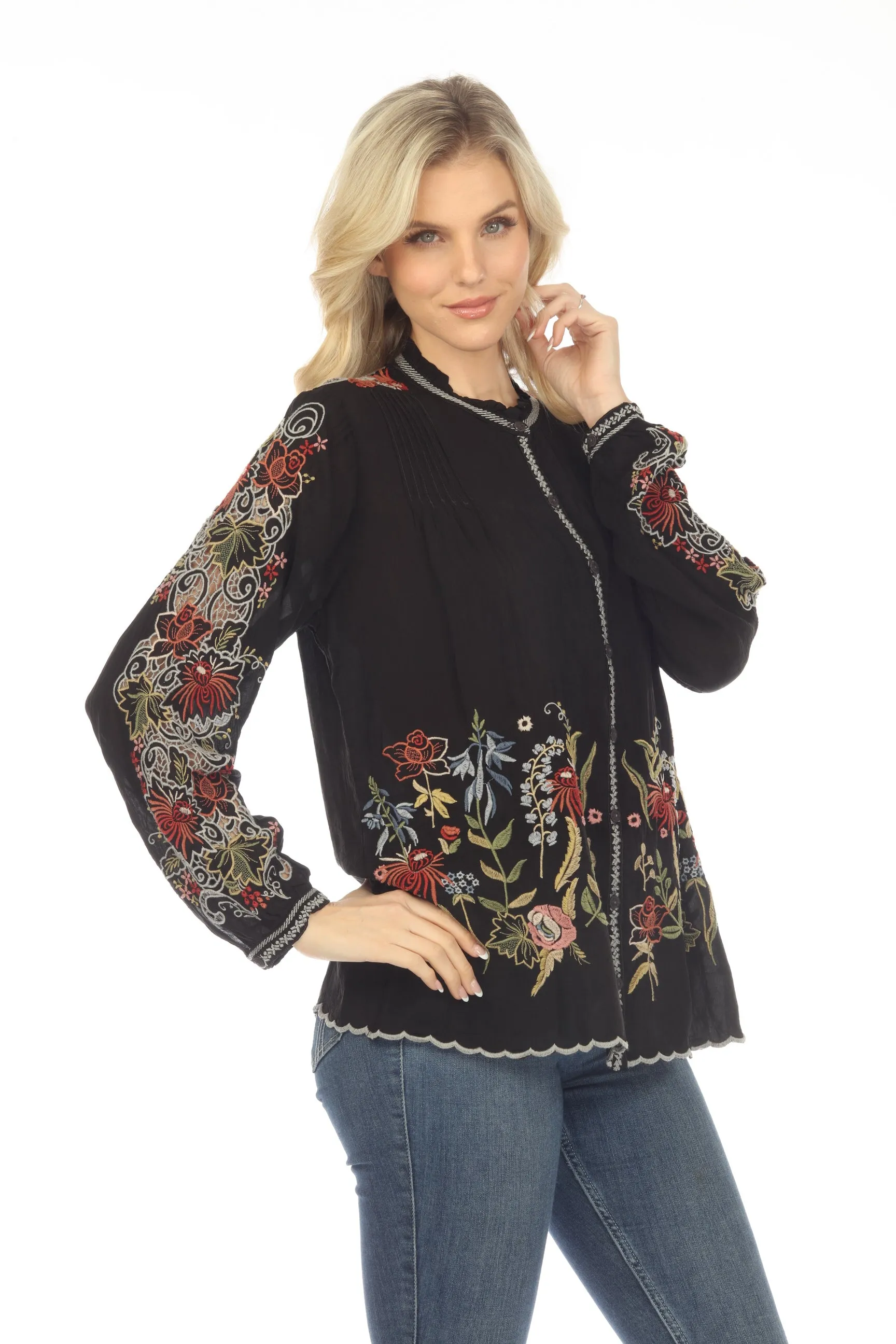 Johnny Was Ruelle Embroidered Button-Down Blouse Boho Chic C17023 *