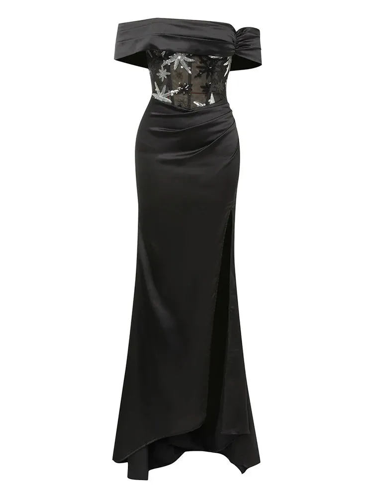 Liora Off Shoulder Satin Gown Dress with Mesh Sequin Patchwork