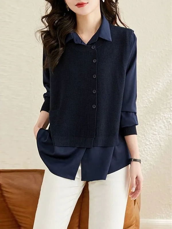 Long Sleeves Loose Solid Color Lapel  Inner Shirt   Buttoned Pockets Outer Knit Vest Two Pieces Set