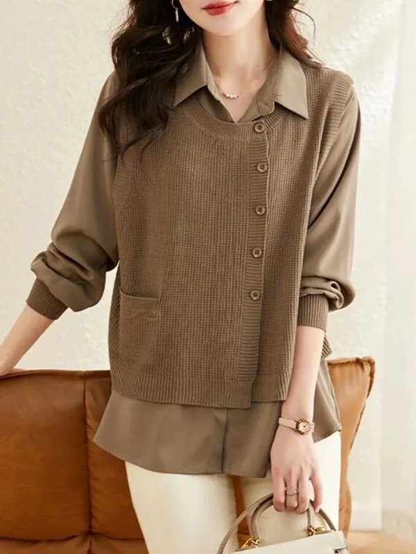 Long Sleeves Loose Solid Color Lapel  Inner Shirt   Buttoned Pockets Outer Knit Vest Two Pieces Set