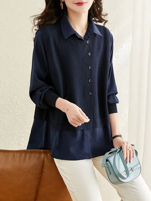 Long Sleeves Loose Solid Color Lapel  Inner Shirt   Buttoned Pockets Outer Knit Vest Two Pieces Set