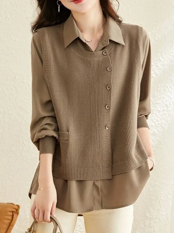 Long Sleeves Loose Solid Color Lapel  Inner Shirt   Buttoned Pockets Outer Knit Vest Two Pieces Set