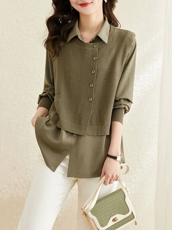 Long Sleeves Loose Solid Color Lapel  Inner Shirt   Buttoned Pockets Outer Knit Vest Two Pieces Set