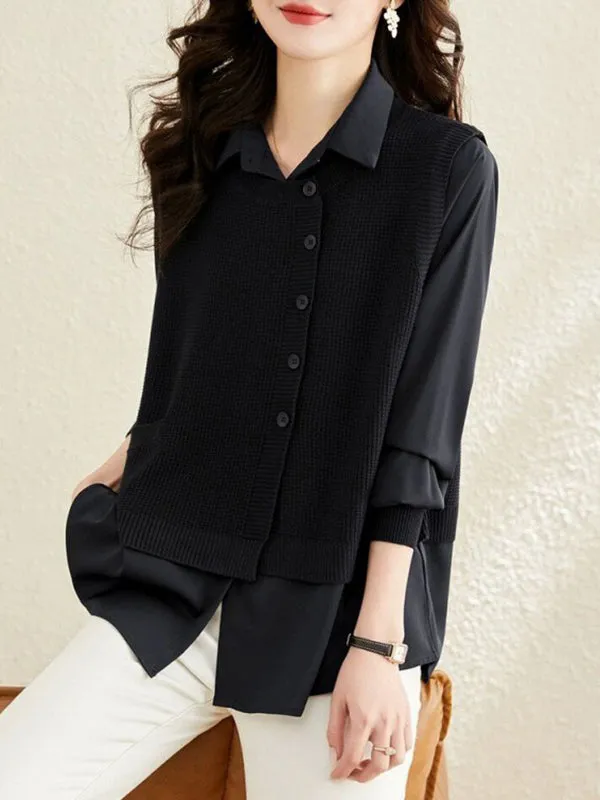 Long Sleeves Loose Solid Color Lapel  Inner Shirt   Buttoned Pockets Outer Knit Vest Two Pieces Set