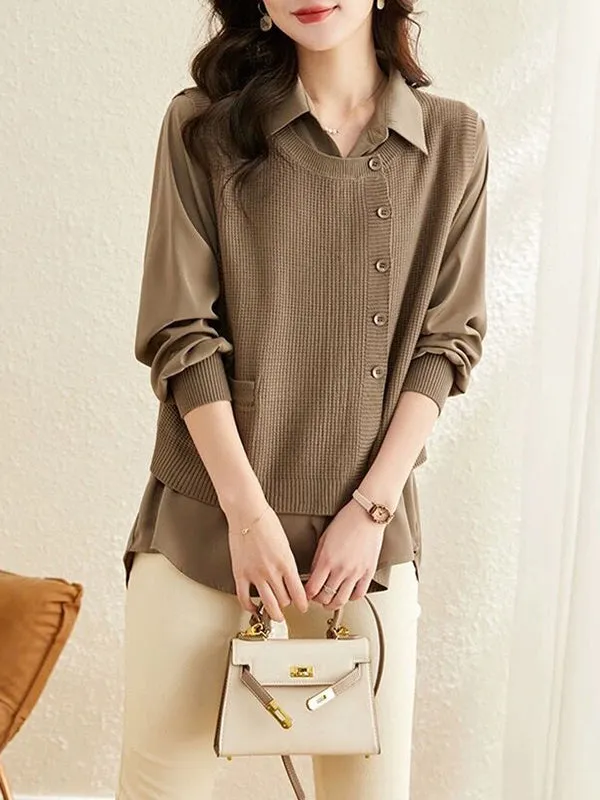 Long Sleeves Loose Solid Color Lapel  Inner Shirt   Buttoned Pockets Outer Knit Vest Two Pieces Set