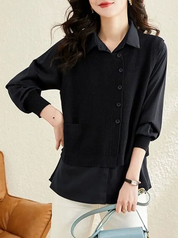 Long Sleeves Loose Solid Color Lapel  Inner Shirt   Buttoned Pockets Outer Knit Vest Two Pieces Set