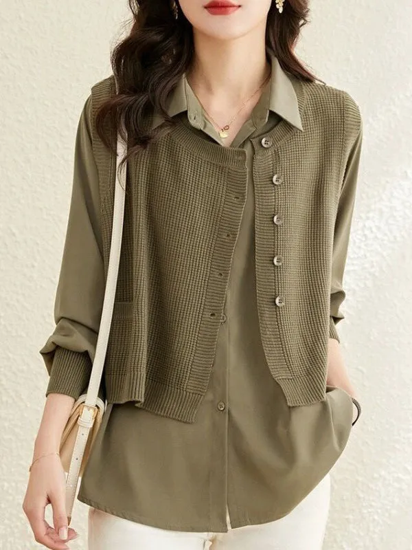 Long Sleeves Loose Solid Color Lapel  Inner Shirt   Buttoned Pockets Outer Knit Vest Two Pieces Set