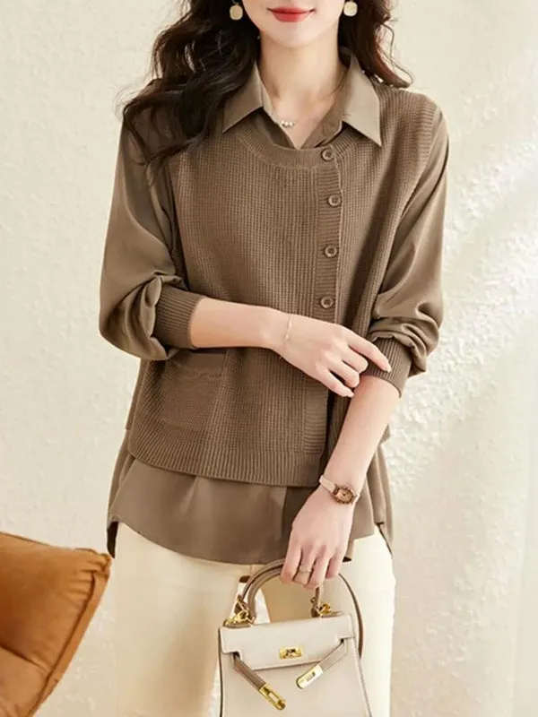 Long Sleeves Loose Solid Color Lapel  Inner Shirt   Buttoned Pockets Outer Knit Vest Two Pieces Set