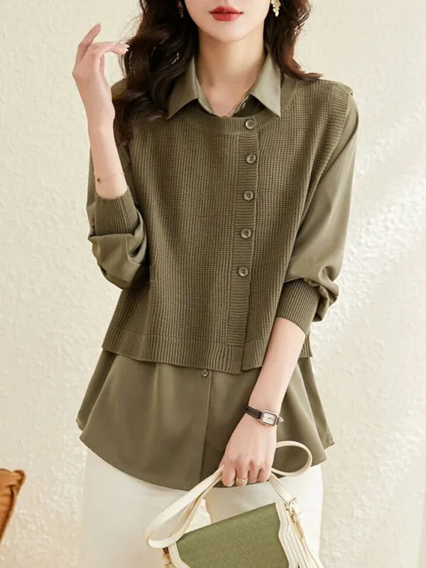 Long Sleeves Loose Solid Color Lapel  Inner Shirt   Buttoned Pockets Outer Knit Vest Two Pieces Set