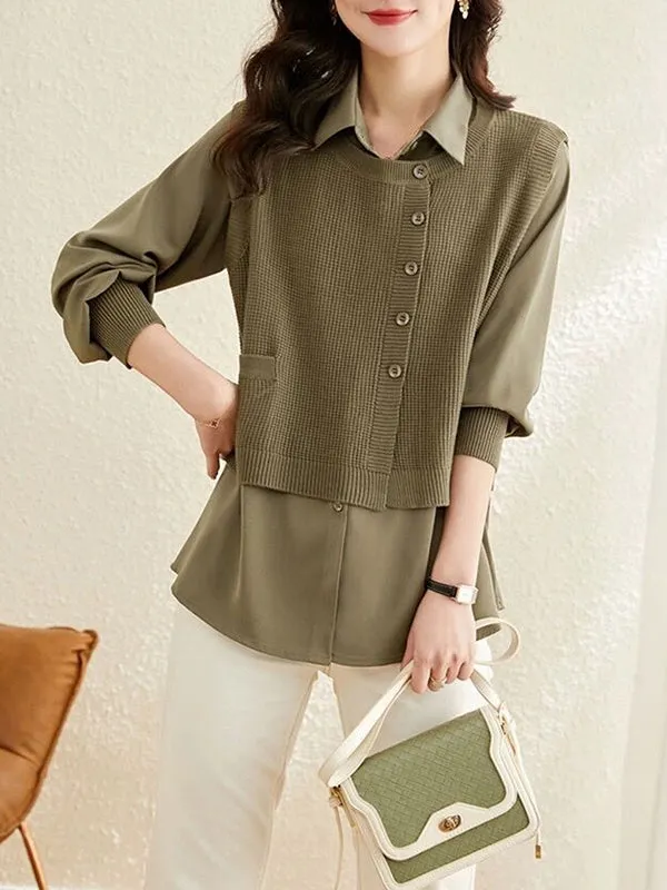 Long Sleeves Loose Solid Color Lapel  Inner Shirt   Buttoned Pockets Outer Knit Vest Two Pieces Set