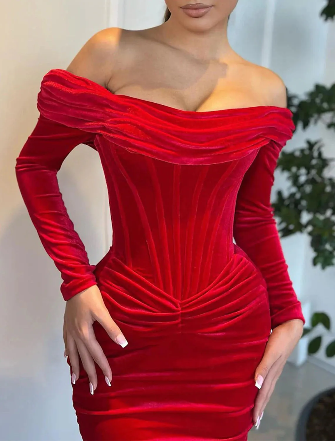 Mermaid / Trumpet Evening Gown Corsets Dress Formal Christmas Sweep / Brush Train Long Sleeve Off Shoulder Velvet with Ruched