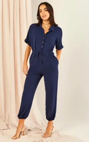 Navy Belted Shirt Jumpsuit
