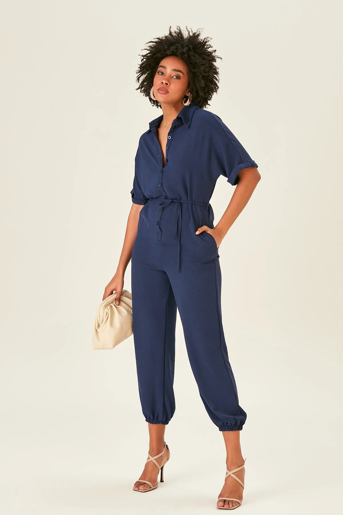 Navy Belted Shirt Jumpsuit