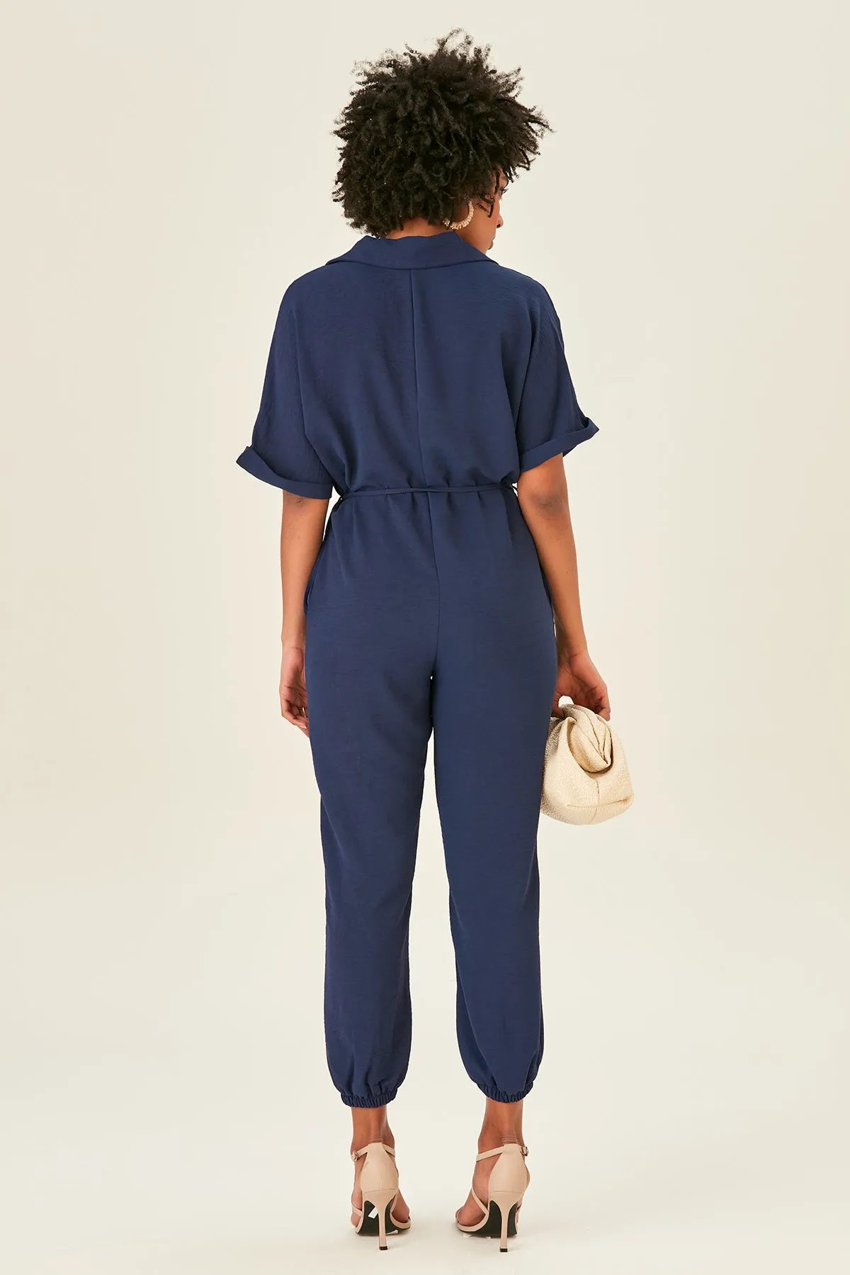 Navy Belted Shirt Jumpsuit