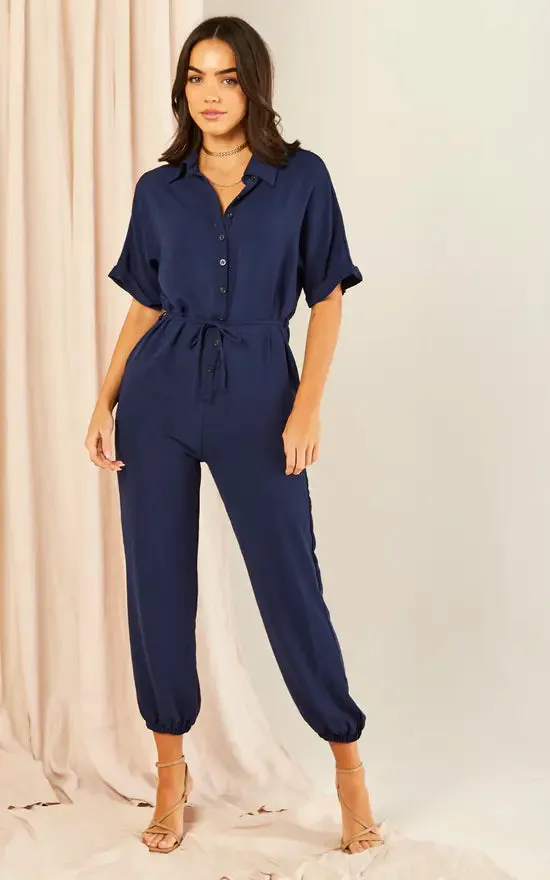 Navy Belted Shirt Jumpsuit