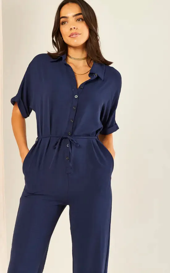 Navy Belted Shirt Jumpsuit