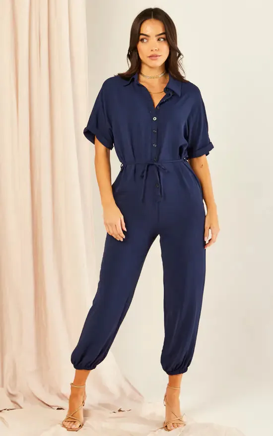 Navy Belted Shirt Jumpsuit