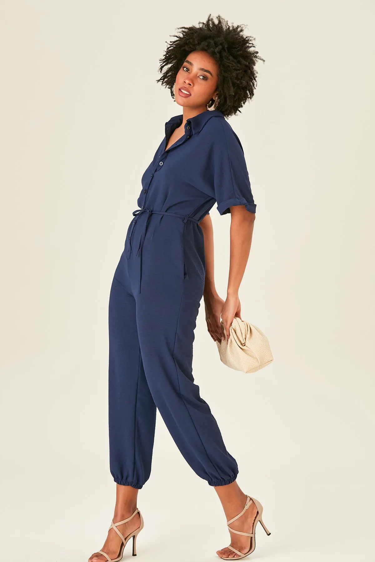 Navy Belted Shirt Jumpsuit