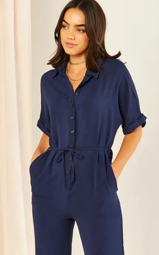 Navy Belted Shirt Jumpsuit
