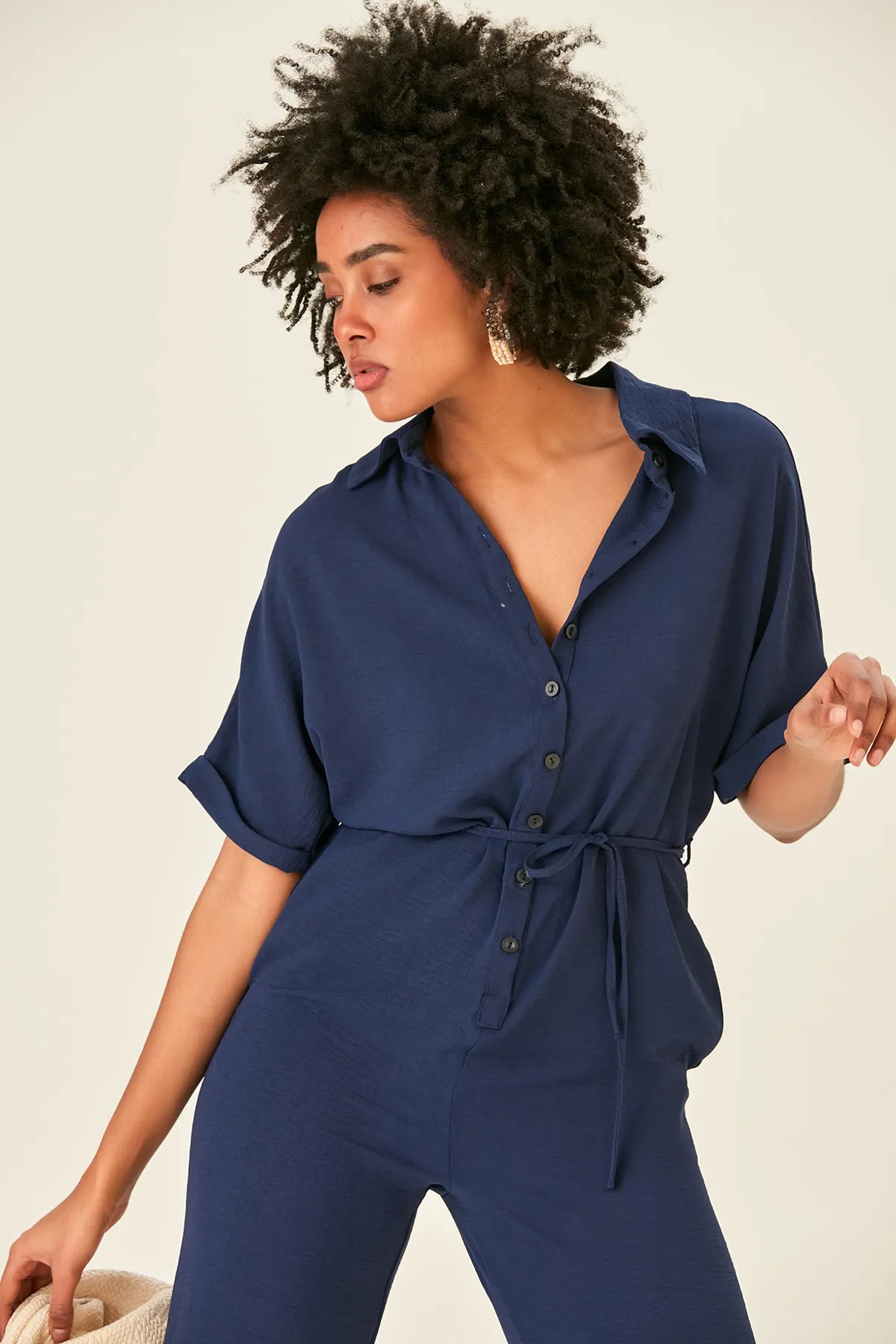 Navy Belted Shirt Jumpsuit