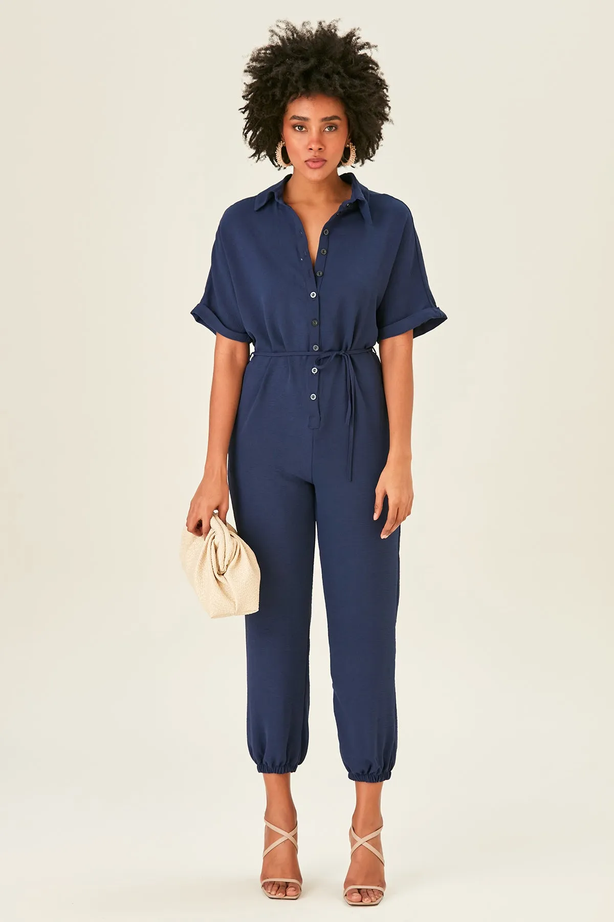 Navy Belted Shirt Jumpsuit