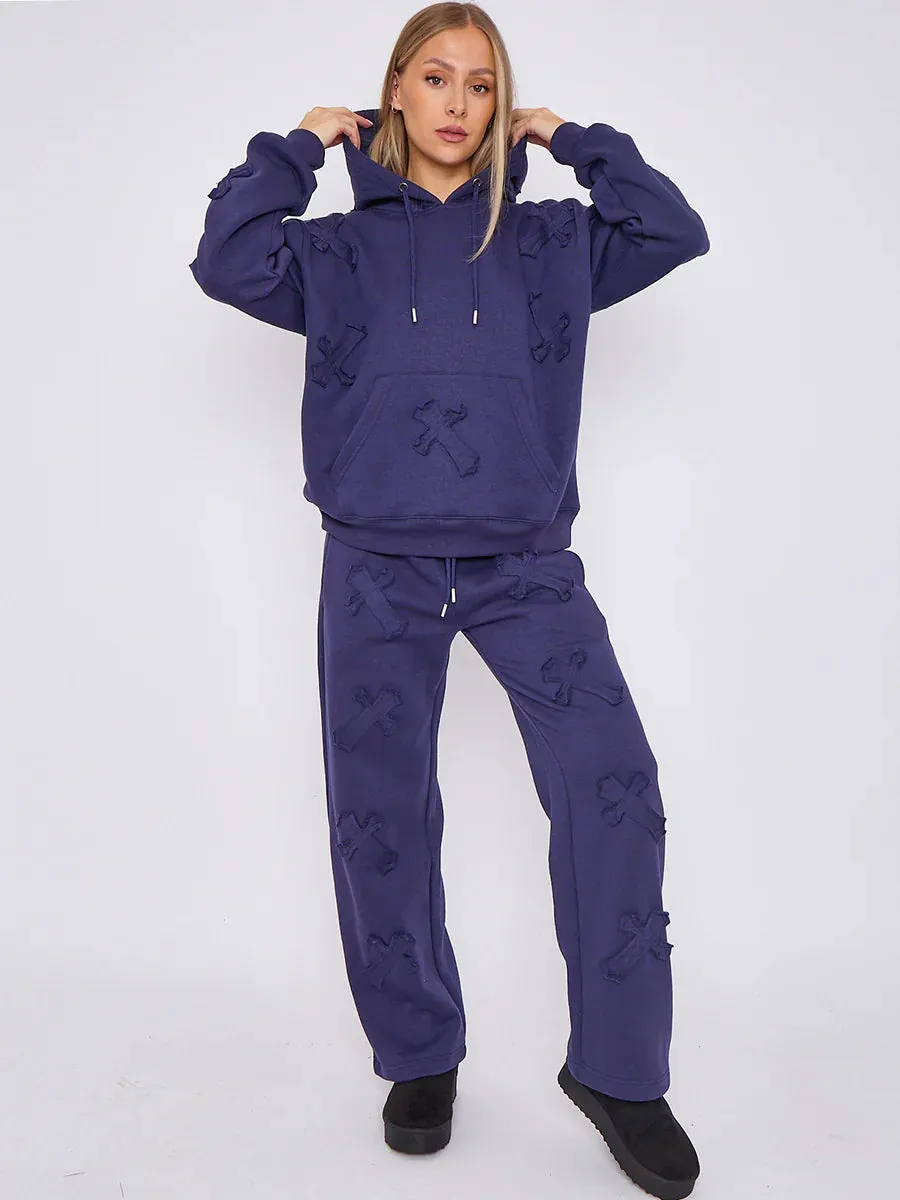 Navy Oversized Crucifix Cross Embroidered Hooded Fleece Co-ord Loungewear Set
