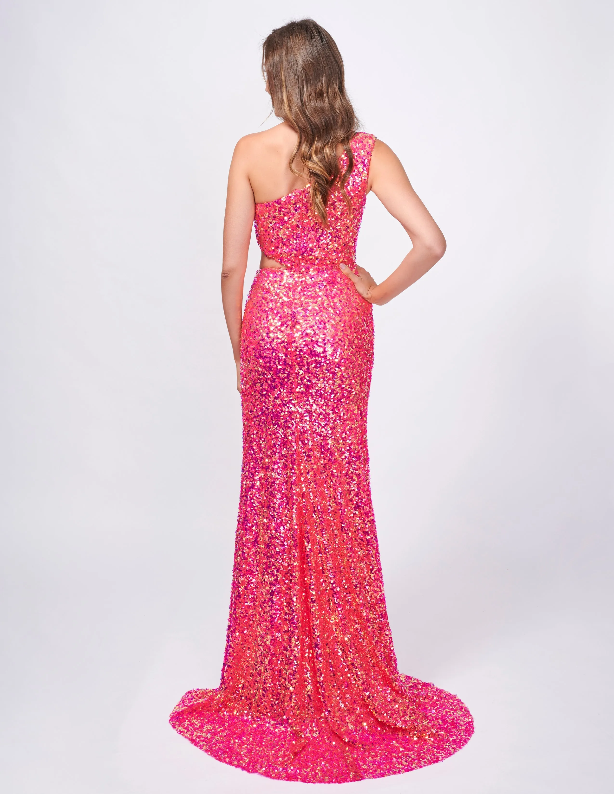Nina Canacci 4413 Size 0 Fuchsia Sequin One Shoulder Prom Dress Cut Out Slit Formal Gown Fitted Evening