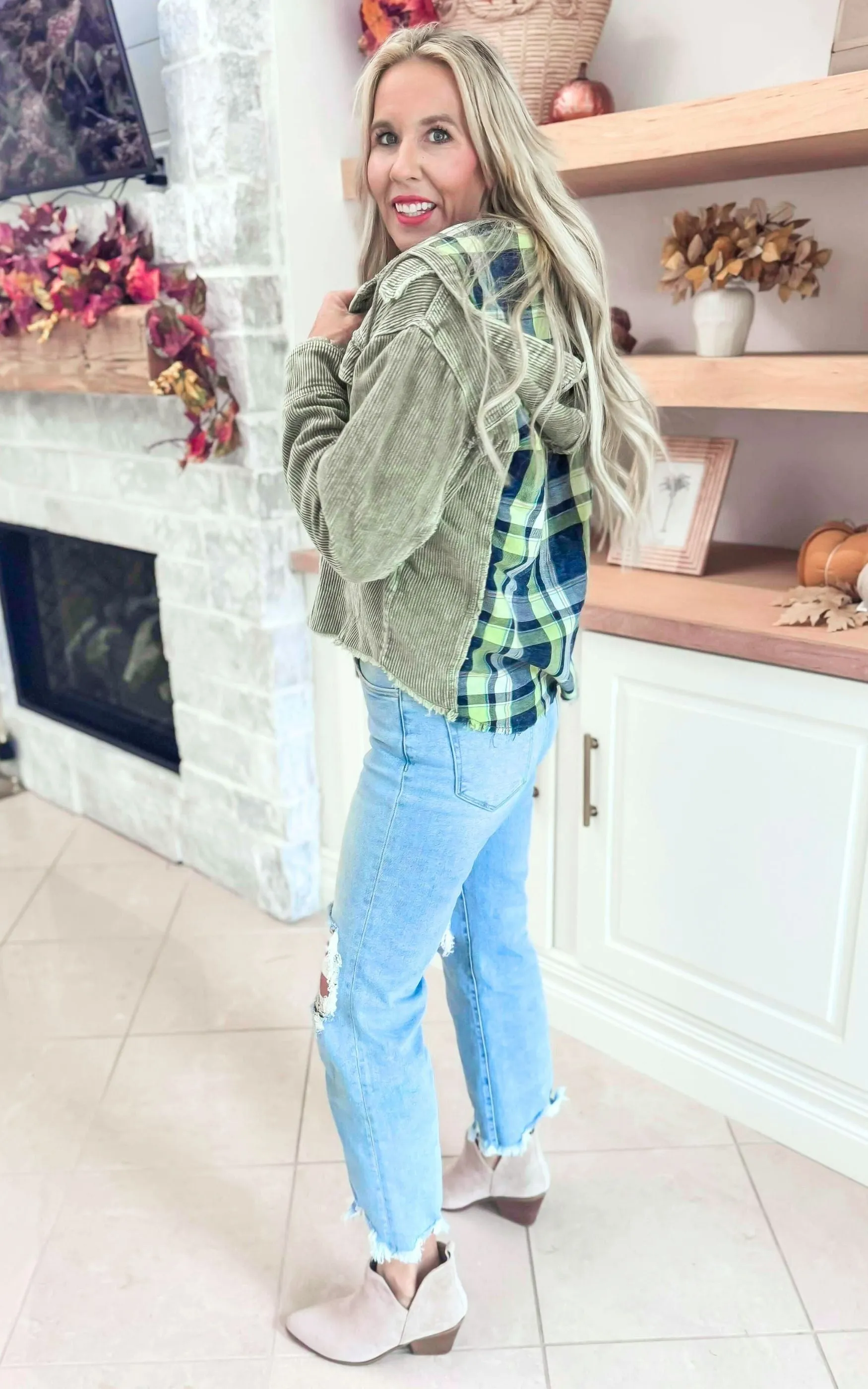 Olive Washed Corduroy Hooded Jacket