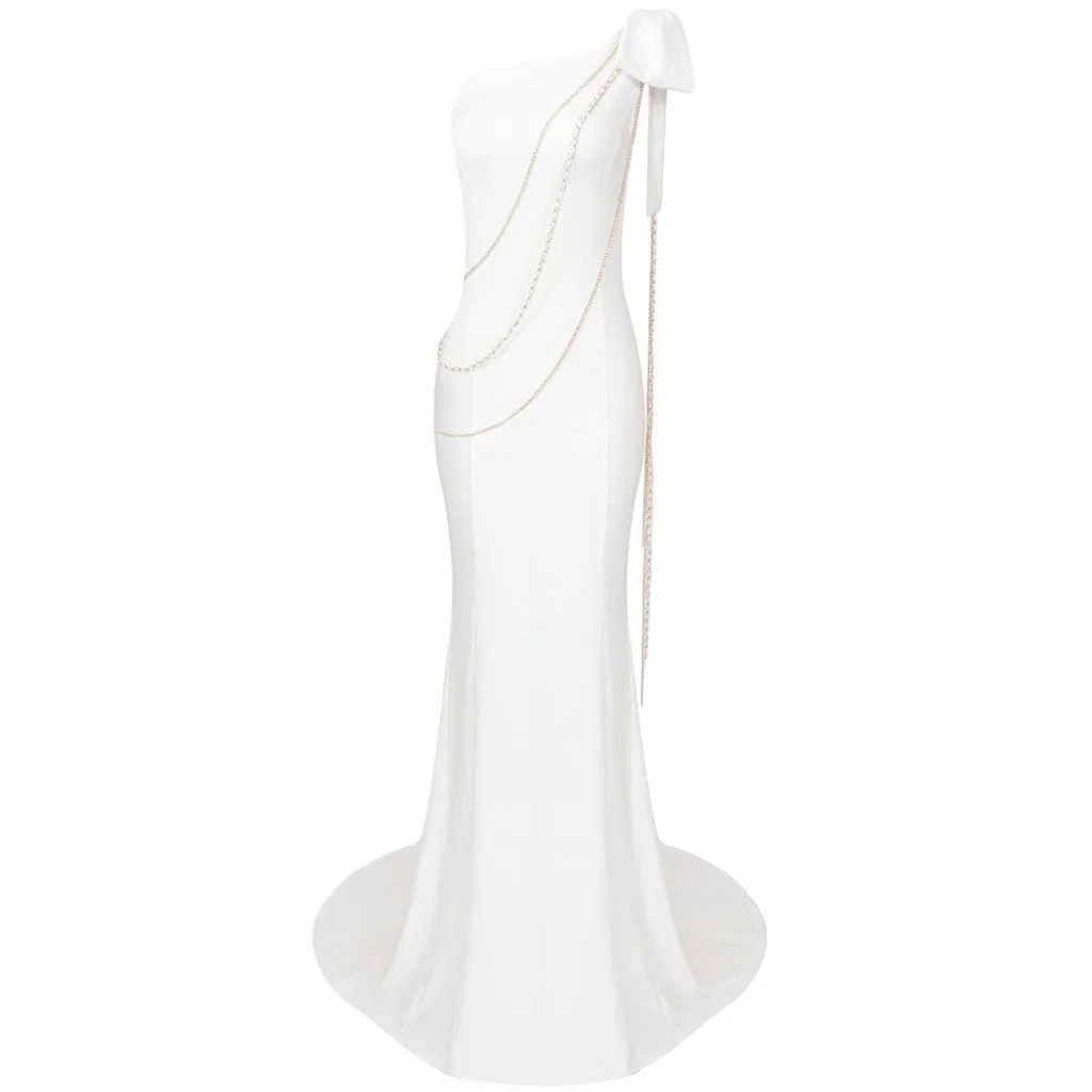 Opulent Big Bow One Shoulder Metallic Chain Fishtail Maxi Evening Dress