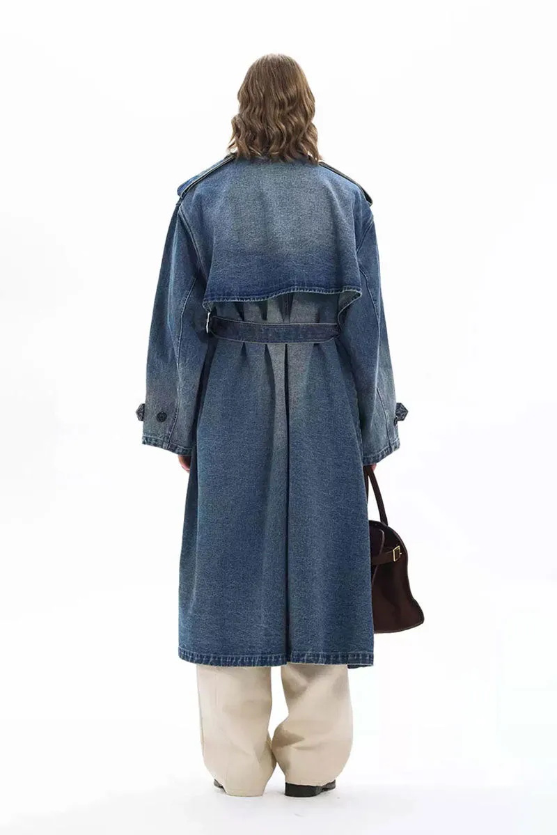 Oversized Distressed Double Breasted Denim Trench Coat with Belt