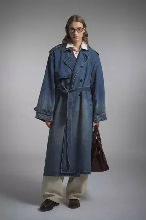 Oversized Distressed Double Breasted Denim Trench Coat with Belt