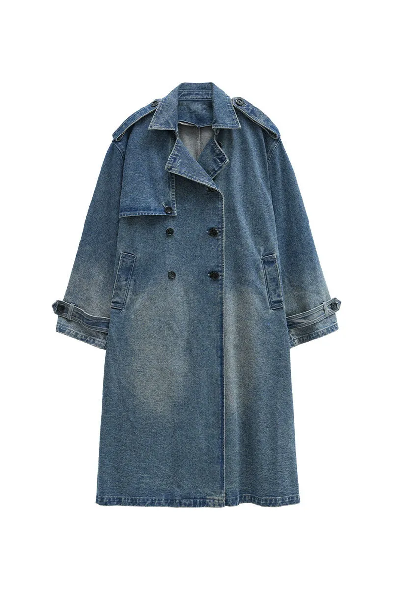 Oversized Distressed Double Breasted Denim Trench Coat with Belt