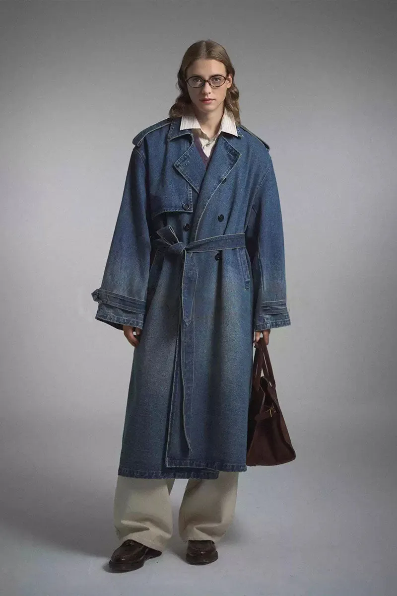 Oversized Distressed Double Breasted Denim Trench Coat with Belt