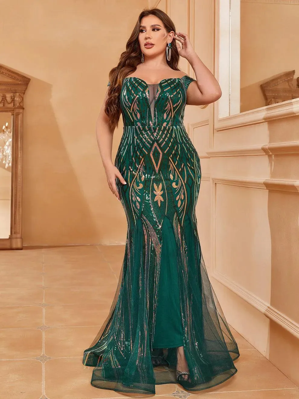 Plus Off Shoulder Sleeveless Mesh Insert Mermaid Dress