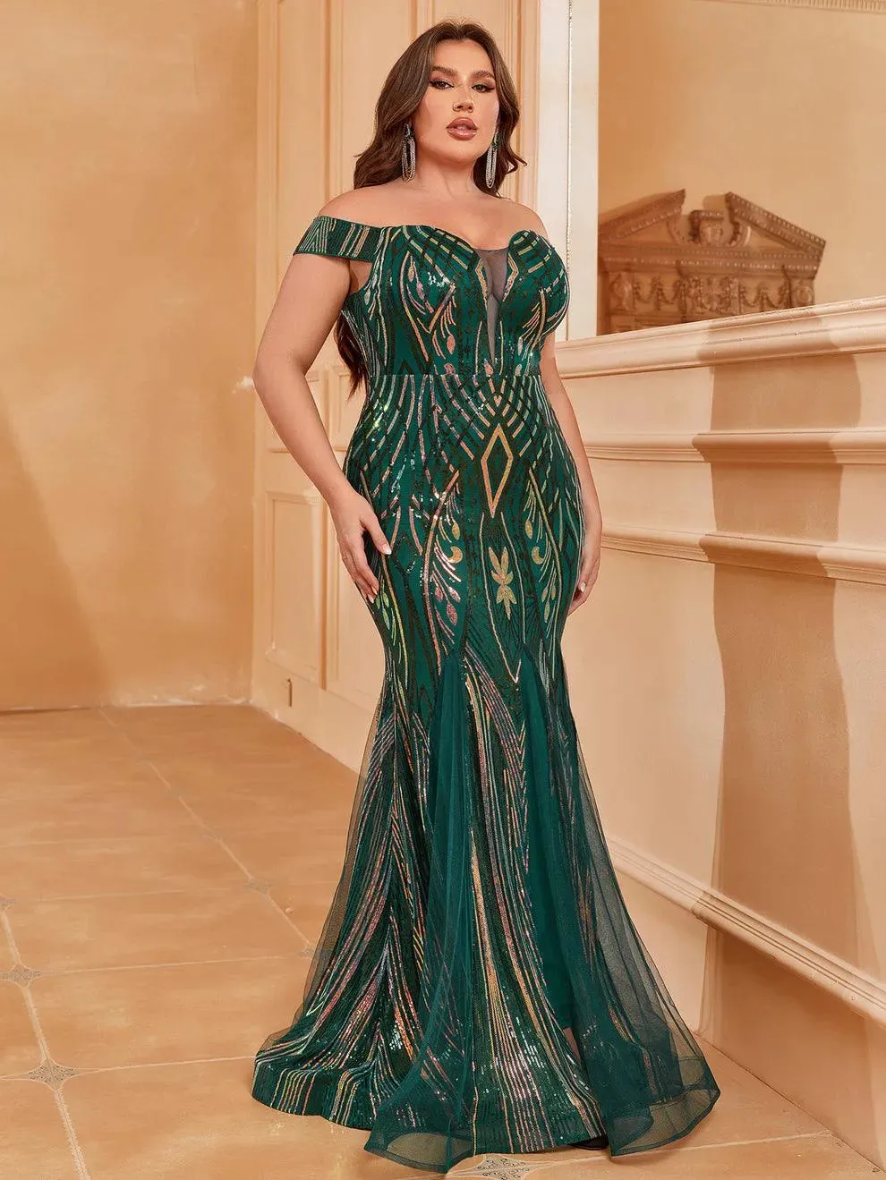 Plus Off Shoulder Sleeveless Mesh Insert Mermaid Dress