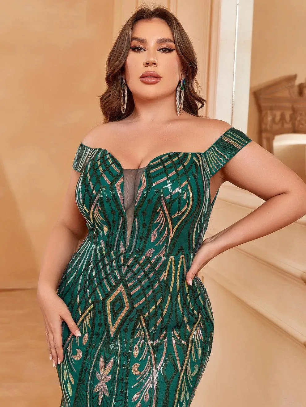 Plus Off Shoulder Sleeveless Mesh Insert Mermaid Dress