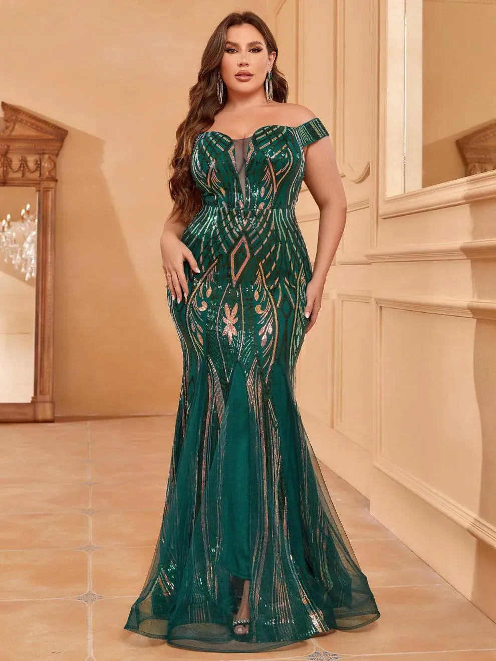 Plus Off Shoulder Sleeveless Mesh Insert Mermaid Dress