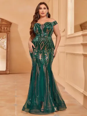 Plus Off Shoulder Sleeveless Mesh Insert Mermaid Dress