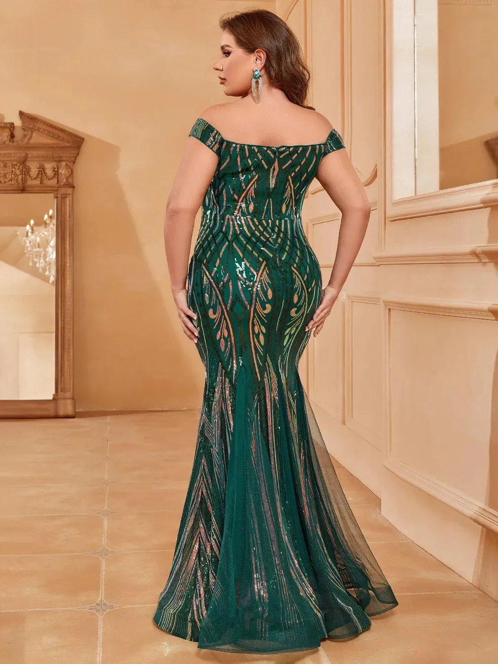 Plus Off Shoulder Sleeveless Mesh Insert Mermaid Dress
