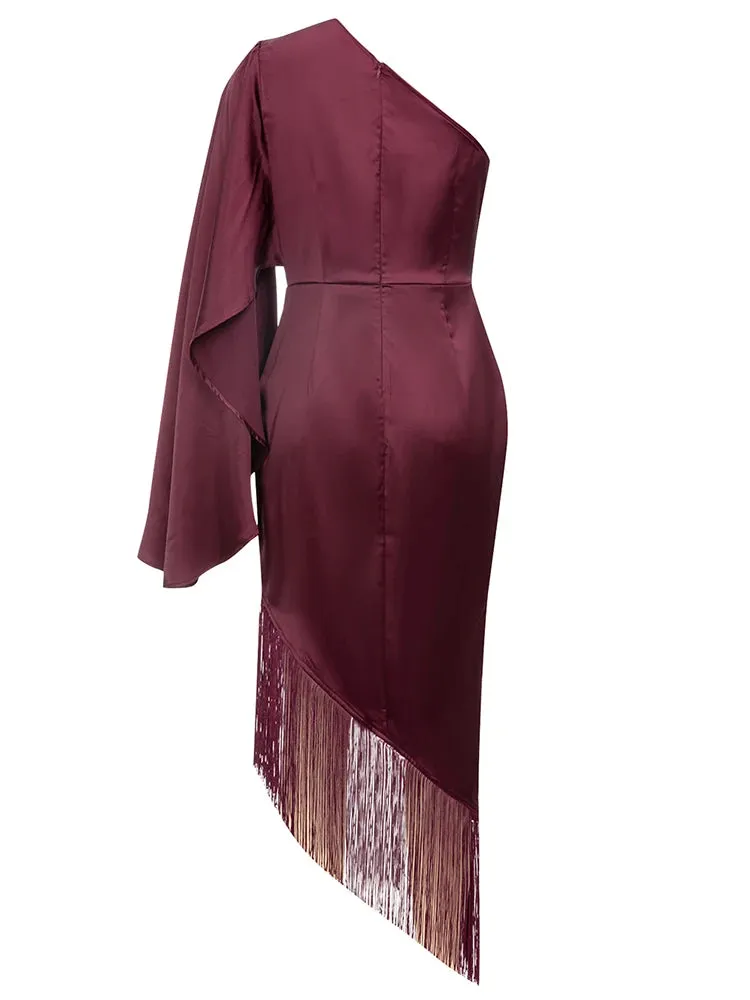Rosalie One Shoulder Fringe Hem Satin Dress