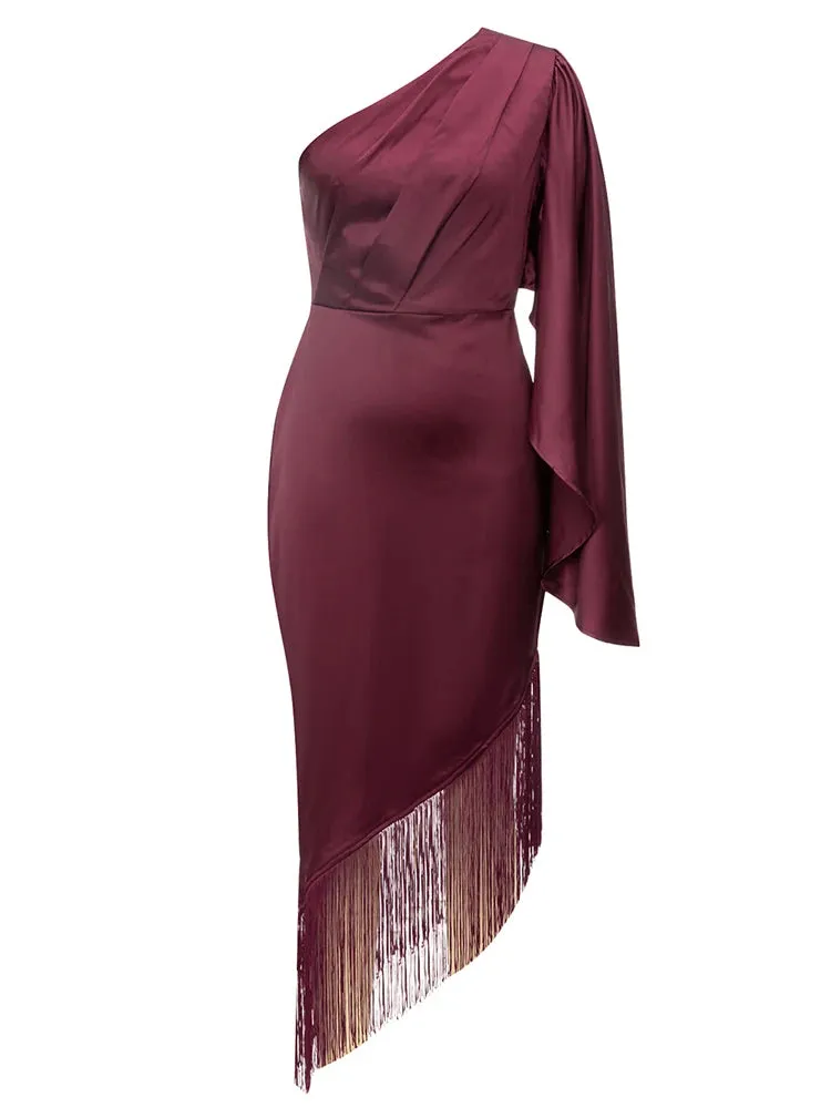 Rosalie One Shoulder Fringe Hem Satin Dress
