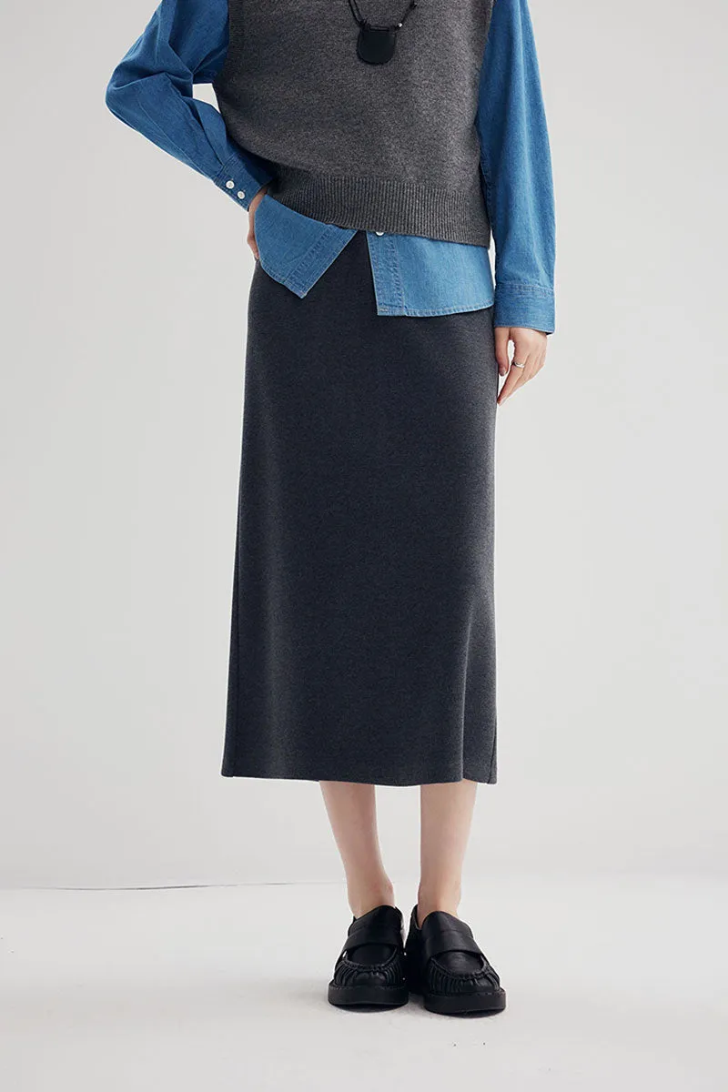 Soft Wool-Acetate Blend High-Waisted Midi Tube Skirt with Back Slit