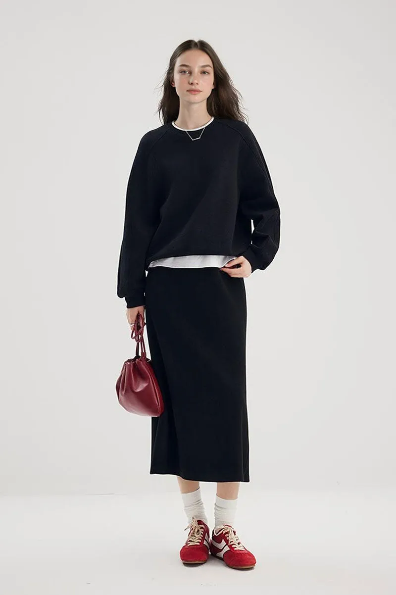 Soft Wool-Acetate Blend High-Waisted Midi Tube Skirt with Back Slit