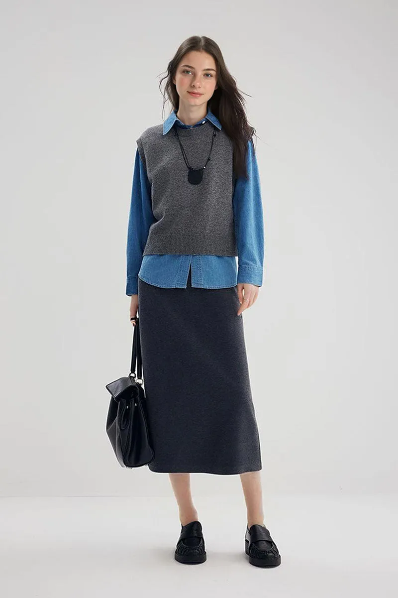 Soft Wool-Acetate Blend High-Waisted Midi Tube Skirt with Back Slit